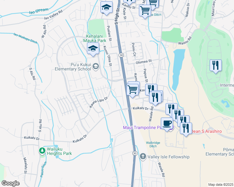 map of restaurants, bars, coffee shops, grocery stores, and more near 29 Maunaleo Street in Wailuku