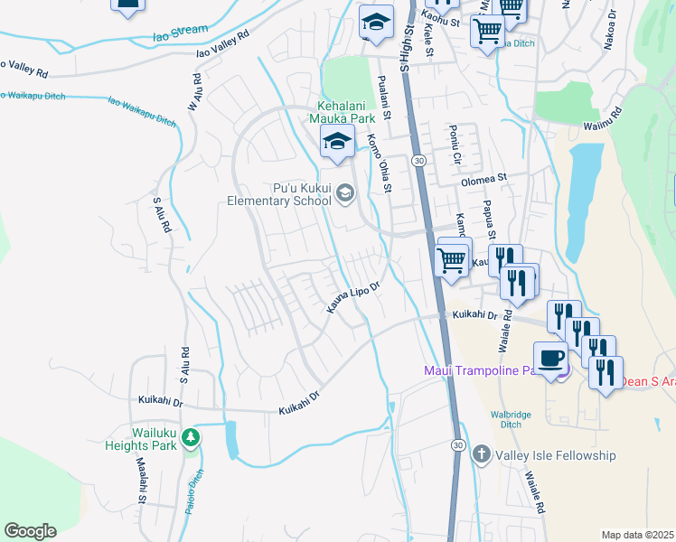 map of restaurants, bars, coffee shops, grocery stores, and more near 68 Maka Hou Loop in Wailuku