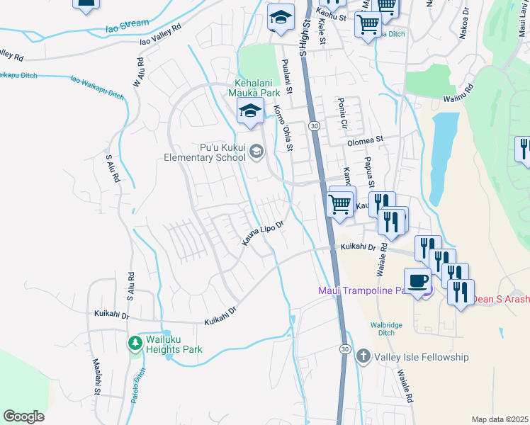 map of restaurants, bars, coffee shops, grocery stores, and more near 21 Kuikahi Drive in Wailuku
