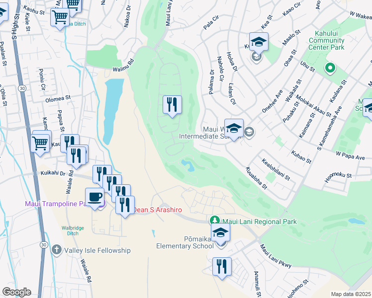 map of restaurants, bars, coffee shops, grocery stores, and more near 45 Kamaiki Circle in Kahului