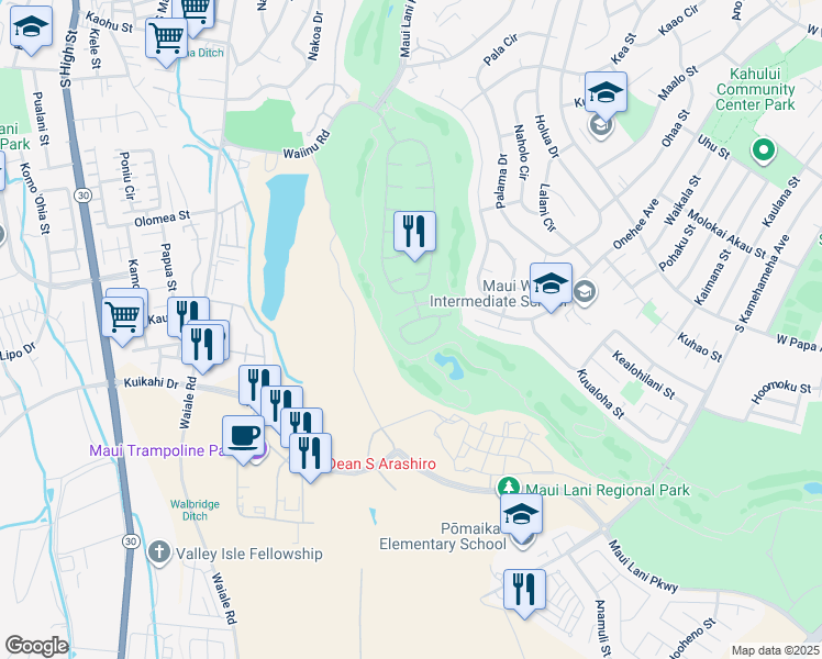 map of restaurants, bars, coffee shops, grocery stores, and more near 124 Kamaiki Circle in Kahului