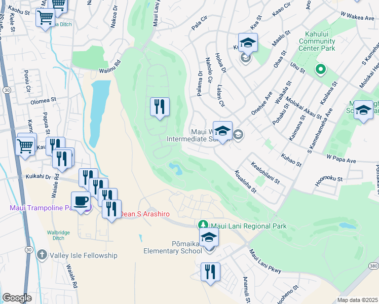 map of restaurants, bars, coffee shops, grocery stores, and more near 61 Huluhulu Place in Kahului