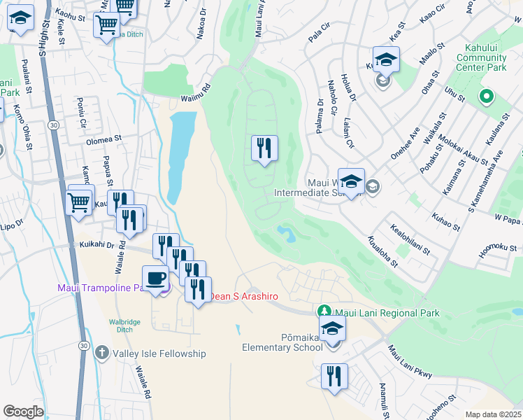 map of restaurants, bars, coffee shops, grocery stores, and more near 124 Kamaiki Circle in Kahului