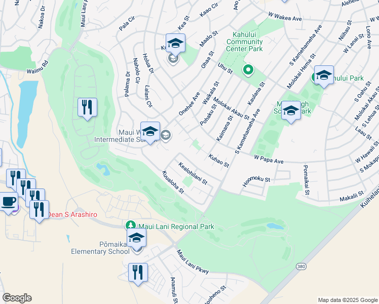map of restaurants, bars, coffee shops, grocery stores, and more near 705 Pona Way in Kahului
