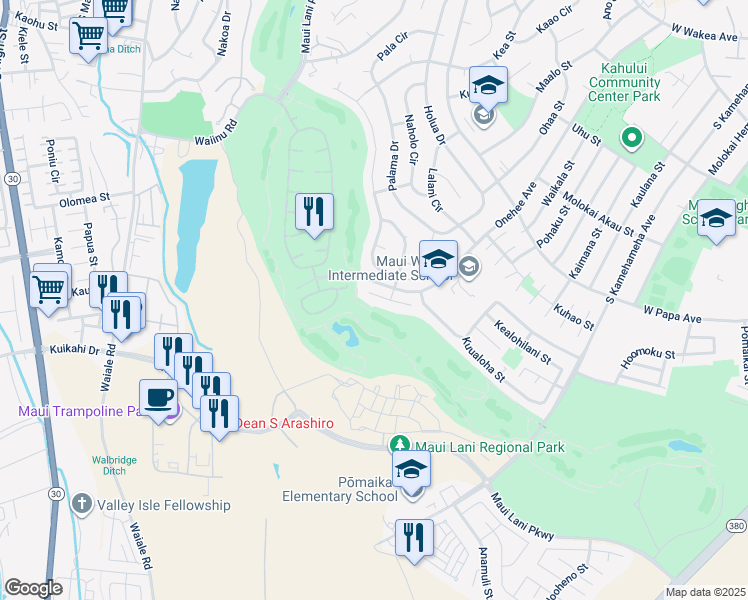 map of restaurants, bars, coffee shops, grocery stores, and more near 61 Huluhulu Place in Kahului