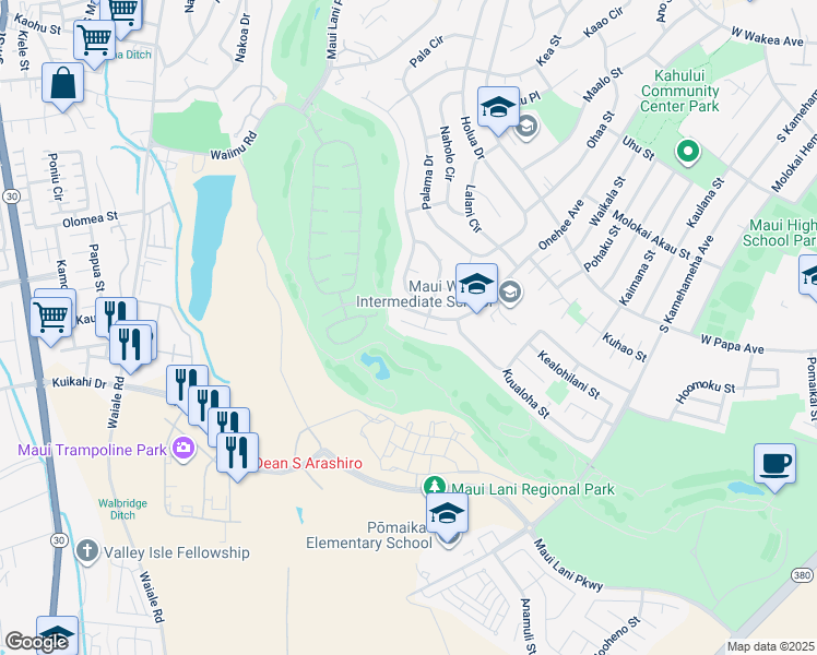 map of restaurants, bars, coffee shops, grocery stores, and more near 22 Huluhulu Place in Kahului