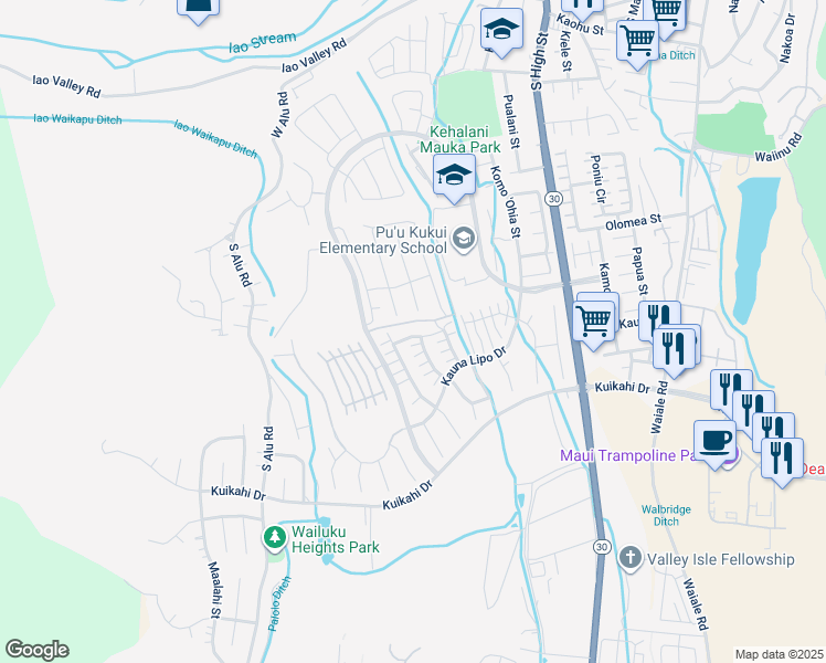 map of restaurants, bars, coffee shops, grocery stores, and more near 158 Maka Hou Loop in Wailuku