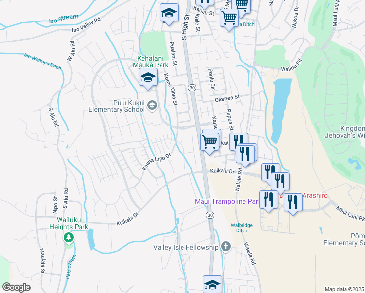map of restaurants, bars, coffee shops, grocery stores, and more near 20 Maunaleo Street in Wailuku