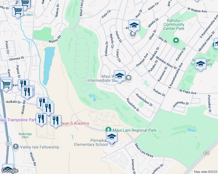 map of restaurants, bars, coffee shops, grocery stores, and more near 22 Huluhulu Place in Kahului