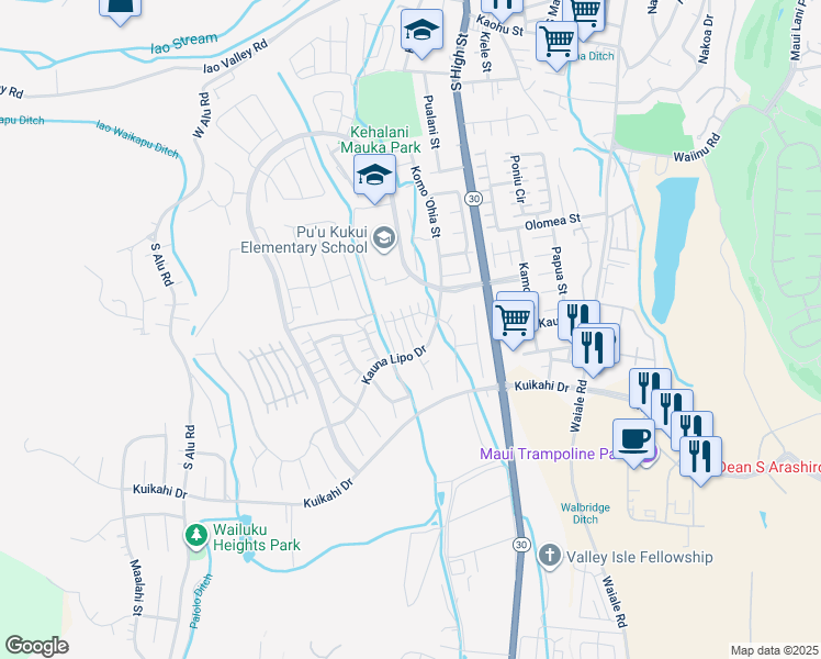 map of restaurants, bars, coffee shops, grocery stores, and more near 25 Kaalea Way in Wailuku