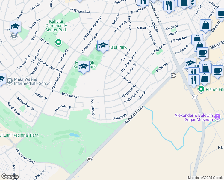 map of restaurants, bars, coffee shops, grocery stores, and more near 363 South Lehua Street in Kahului