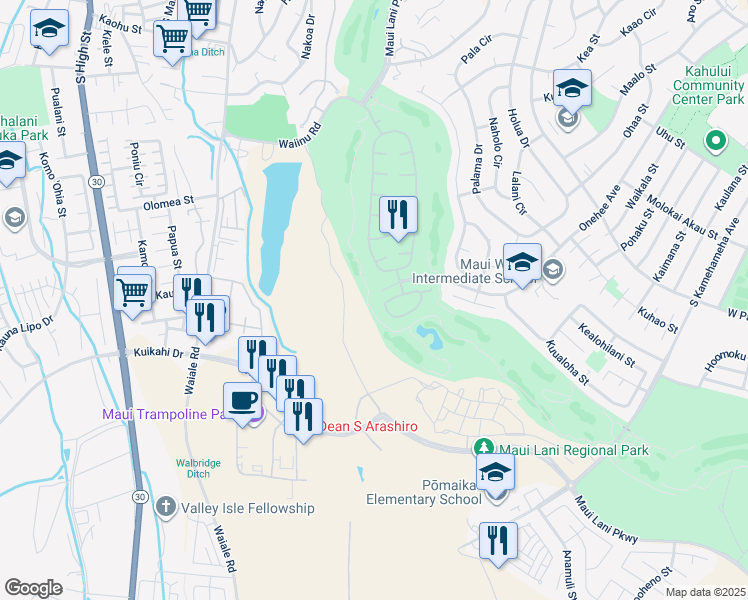 map of restaurants, bars, coffee shops, grocery stores, and more near 111 Kamaiki Circle in Kahului