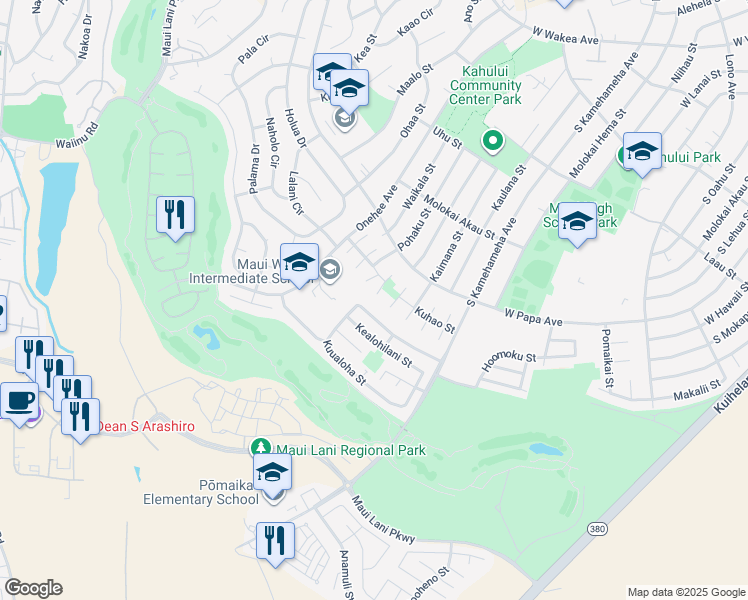 map of restaurants, bars, coffee shops, grocery stores, and more near 709 Pona Way in Kahului
