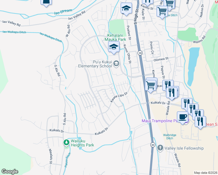 map of restaurants, bars, coffee shops, grocery stores, and more near 90 Maka Hou Loop in Wailuku