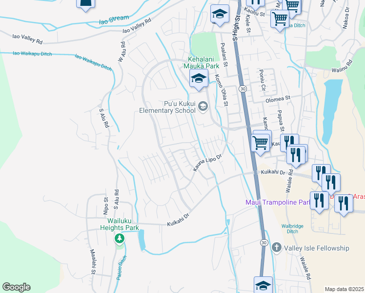 map of restaurants, bars, coffee shops, grocery stores, and more near 158 Maka Hou Loop in Wailuku