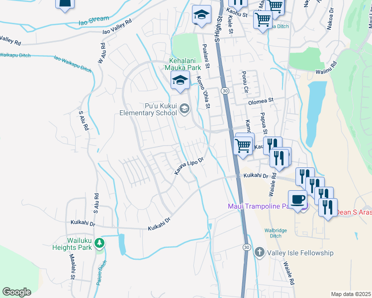 map of restaurants, bars, coffee shops, grocery stores, and more near 23 Kuaiwa Way in Wailuku