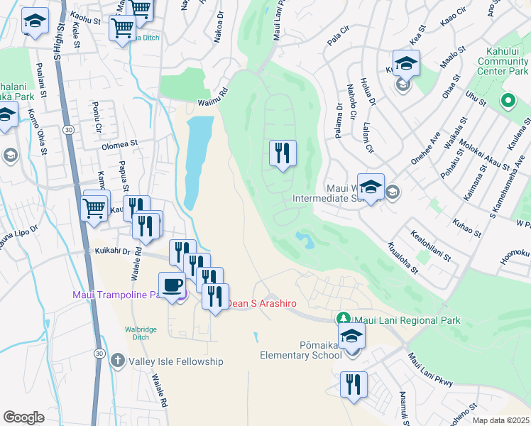 map of restaurants, bars, coffee shops, grocery stores, and more near 111 Kamaiki Circle in Kahului