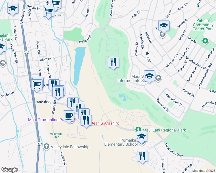 map of restaurants, bars, coffee shops, grocery stores, and more near 115 Kamaiki Circle in Kahului