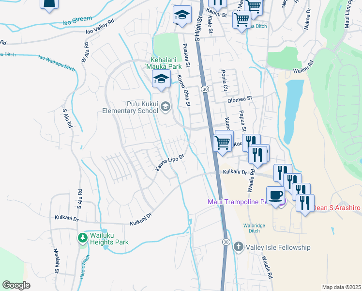 map of restaurants, bars, coffee shops, grocery stores, and more near 23 Kaloaloa Way in Wailuku