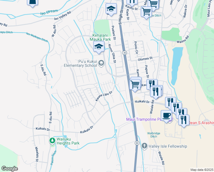 map of restaurants, bars, coffee shops, grocery stores, and more near 23 Kaloaloa Way in Wailuku