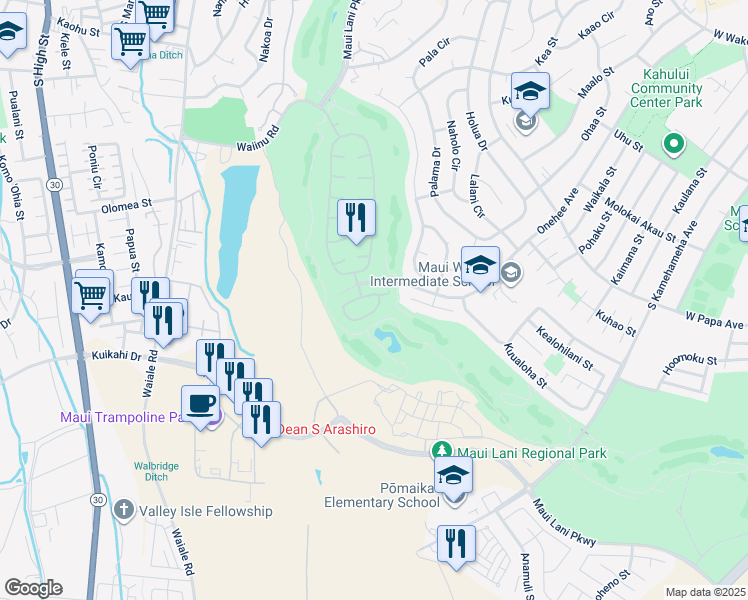 map of restaurants, bars, coffee shops, grocery stores, and more near 16 Kamaiki Circle in Kahului