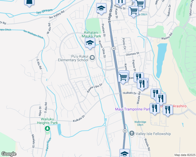 map of restaurants, bars, coffee shops, grocery stores, and more near 23 Kuaiwa Way in Wailuku