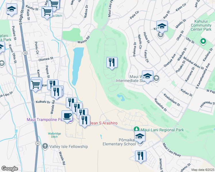 map of restaurants, bars, coffee shops, grocery stores, and more near 123 Kamaiki Circle in Kahului