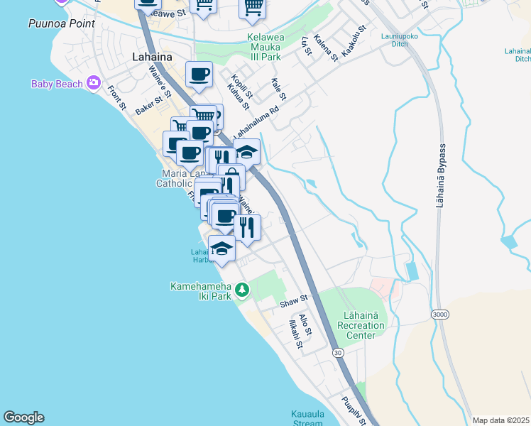 map of restaurants, bars, coffee shops, grocery stores, and more near 660 Wainee Street in Lahaina