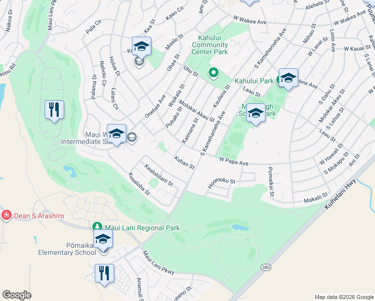 map of restaurants, bars, coffee shops, grocery stores, and more near 611 South Papa Avenue in Kahului