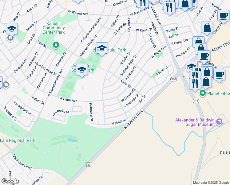 map of restaurants, bars, coffee shops, grocery stores, and more near 345 South Lehua Street in Kahului