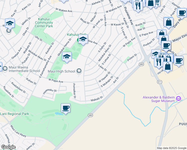 map of restaurants, bars, coffee shops, grocery stores, and more near 345 South Lehua Street in Kahului