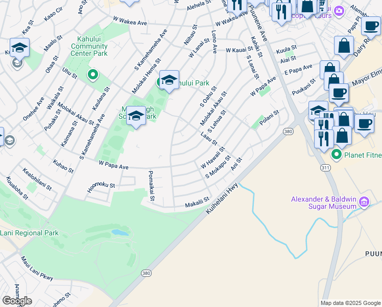 map of restaurants, bars, coffee shops, grocery stores, and more near 345 South Lehua Street in Kahului
