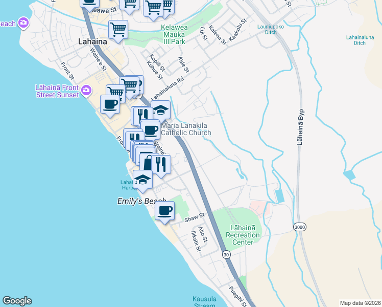 map of restaurants, bars, coffee shops, grocery stores, and more near 300 Lahainaluna Road in Lahaina