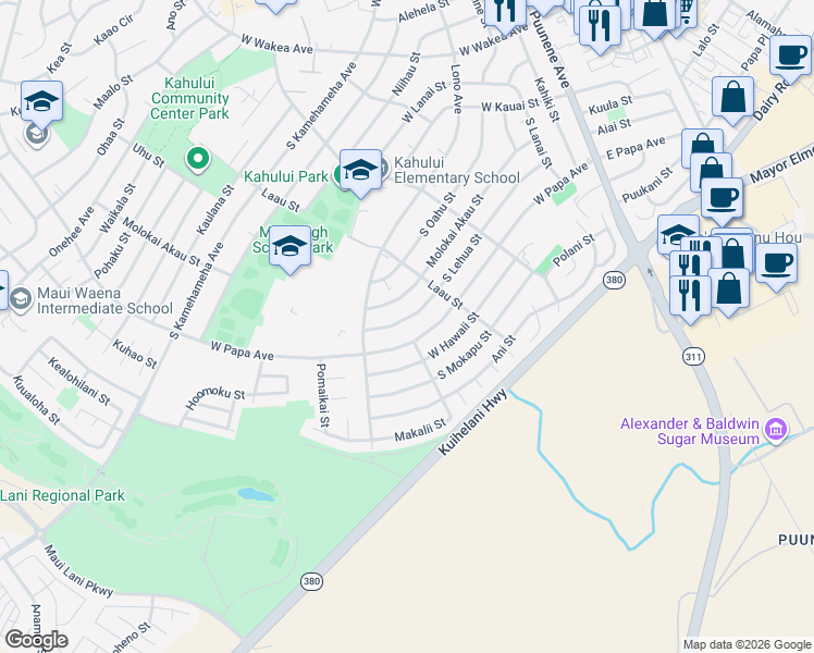 map of restaurants, bars, coffee shops, grocery stores, and more near 336 South Lehua Street in Kahului