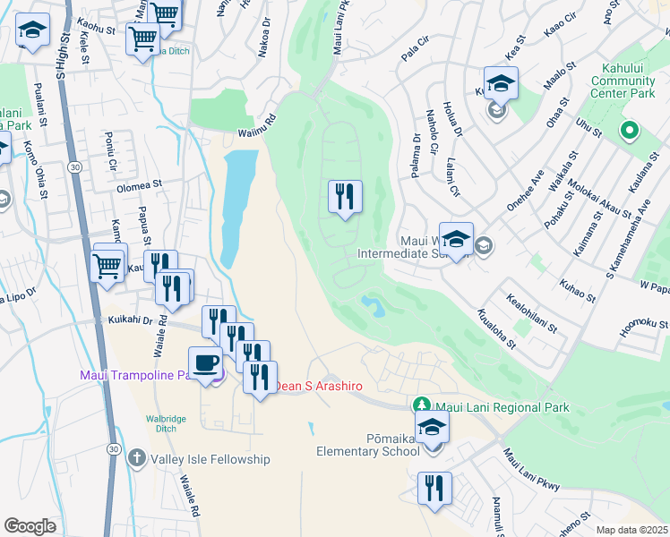 map of restaurants, bars, coffee shops, grocery stores, and more near 123 Kamaiki Circle in Kahului