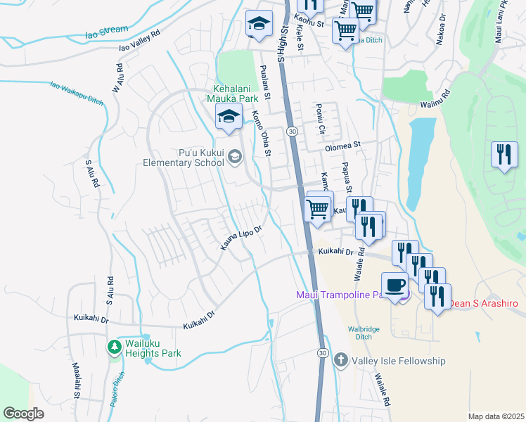 map of restaurants, bars, coffee shops, grocery stores, and more near 21 Kamauhalii Way in Wailuku