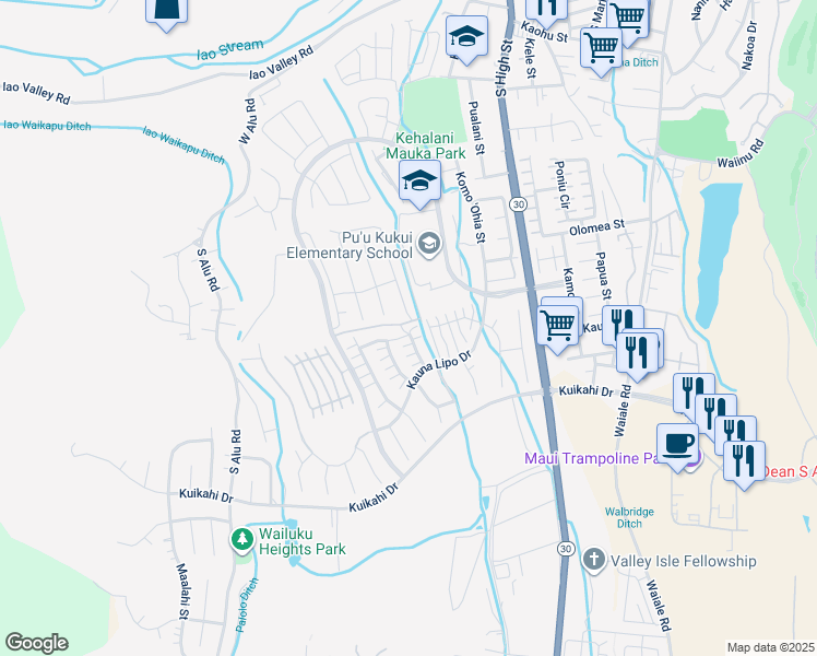 map of restaurants, bars, coffee shops, grocery stores, and more near 92 Maka Hou Loop in Wailuku