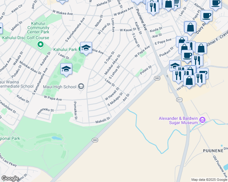map of restaurants, bars, coffee shops, grocery stores, and more near 272 West Hawaii Street in Kahului