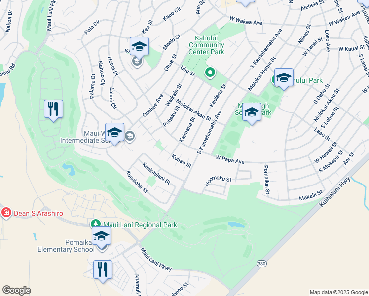 map of restaurants, bars, coffee shops, grocery stores, and more near 628 South Papa Avenue in Kahului