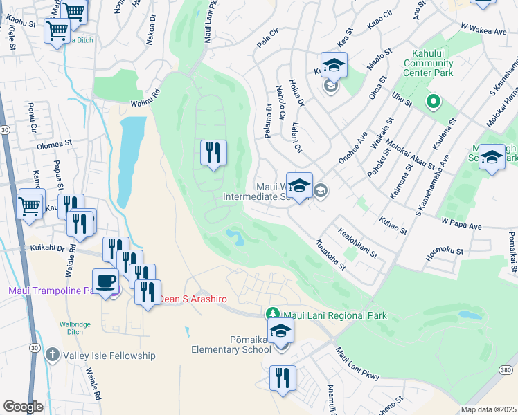map of restaurants, bars, coffee shops, grocery stores, and more near 58 Huluhulu Place in Kahului