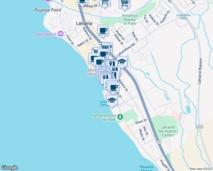 map of restaurants, bars, coffee shops, grocery stores, and more near 717 Luakini Street in Lahaina
