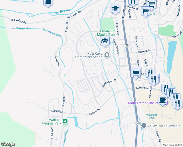 map of restaurants, bars, coffee shops, grocery stores, and more near 11 Palaa Place in Wailuku
