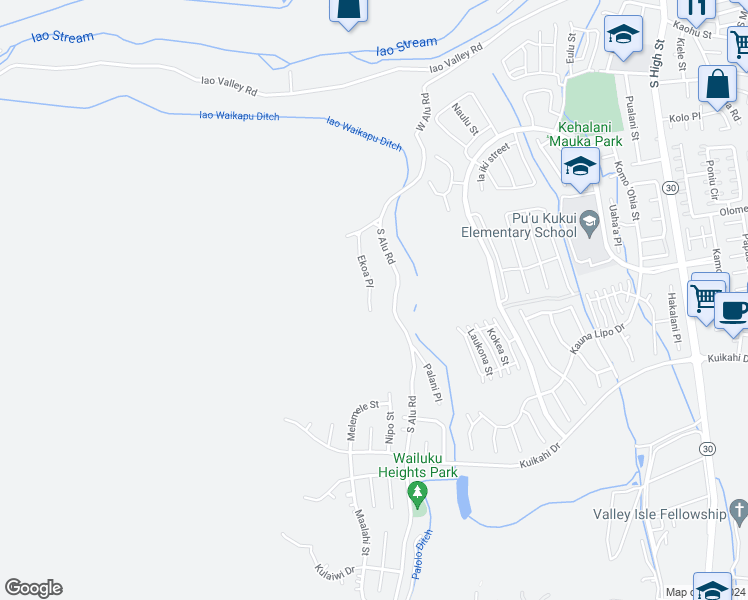 map of restaurants, bars, coffee shops, grocery stores, and more near 305 Ekoa Place in Wailuku