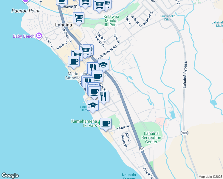 map of restaurants, bars, coffee shops, grocery stores, and more near 660 Wainee Street in Lahaina