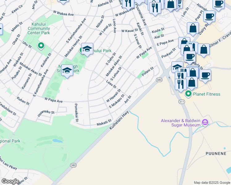 map of restaurants, bars, coffee shops, grocery stores, and more near 272 West Hawaii Street in Kahului