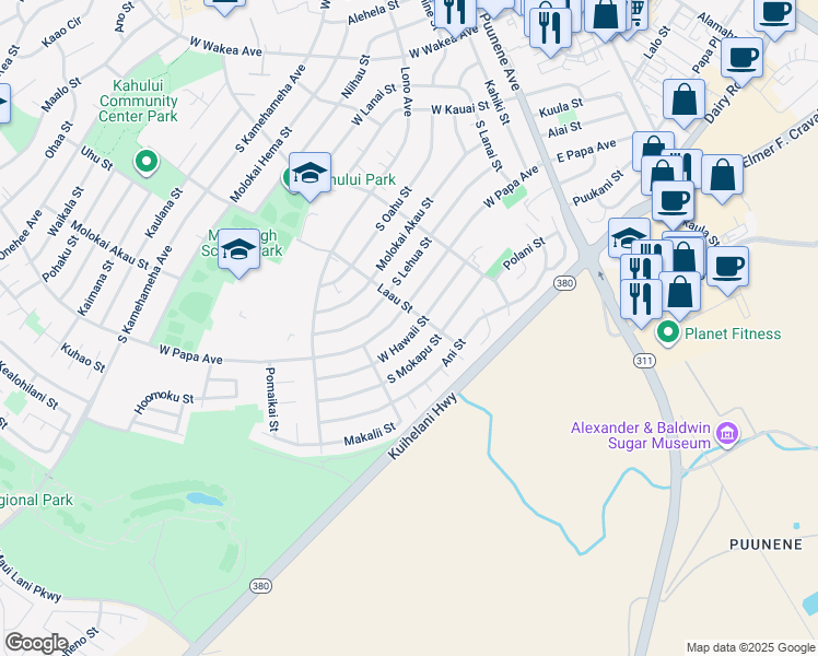 map of restaurants, bars, coffee shops, grocery stores, and more near 272 West Hawaii Street in Kahului