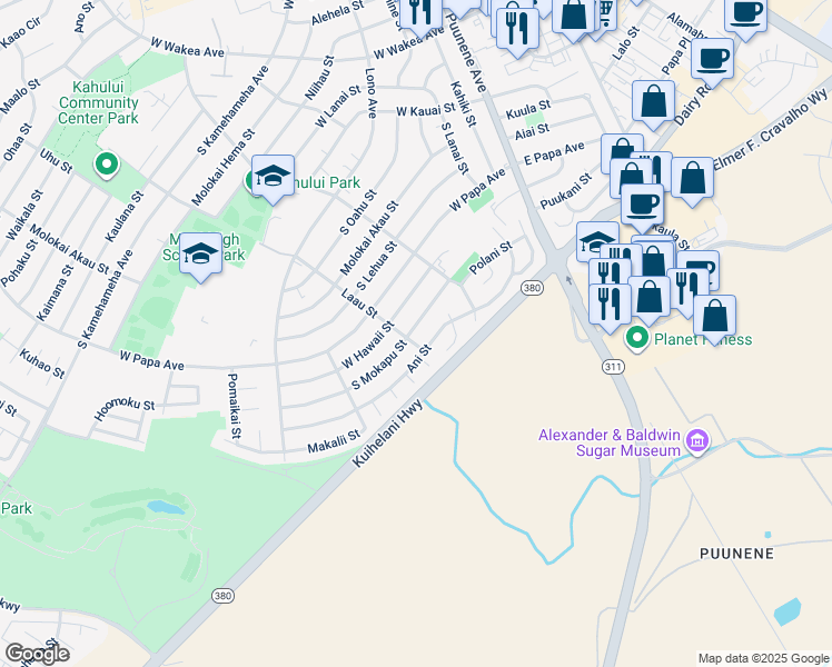 map of restaurants, bars, coffee shops, grocery stores, and more near 233 South Mokapu Street in Kahului