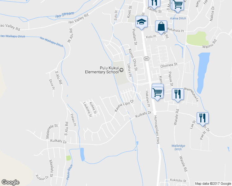 map of restaurants, bars, coffee shops, grocery stores, and more near 92 Maka Hou Loop in Wailuku