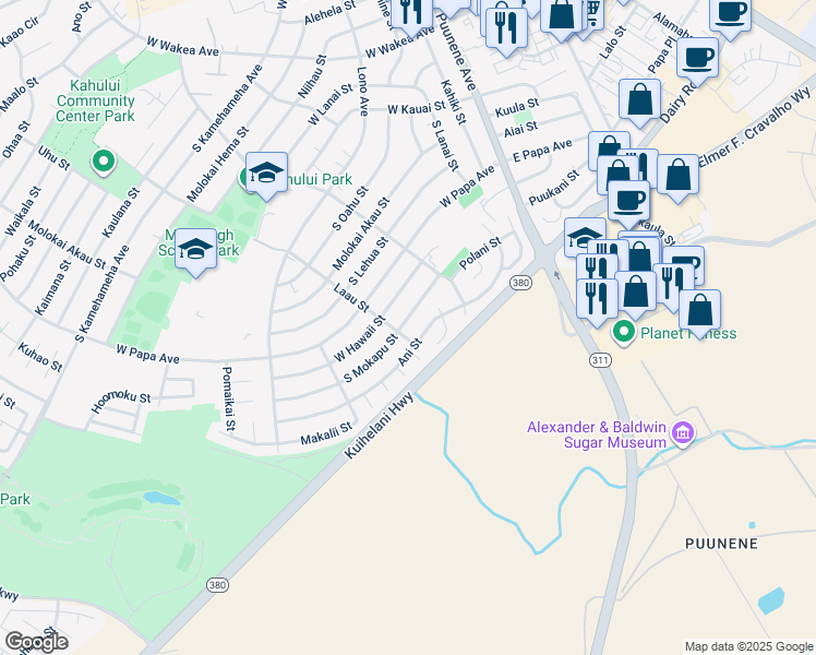 map of restaurants, bars, coffee shops, grocery stores, and more near 233 South Mokapu Street in Kahului