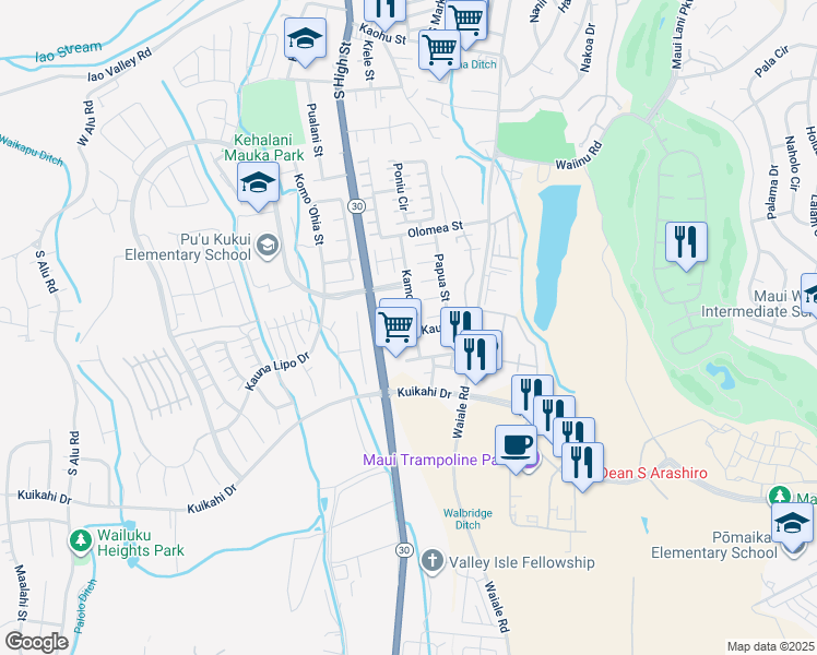 map of restaurants, bars, coffee shops, grocery stores, and more near 45 Palekaiko Place in Wailuku